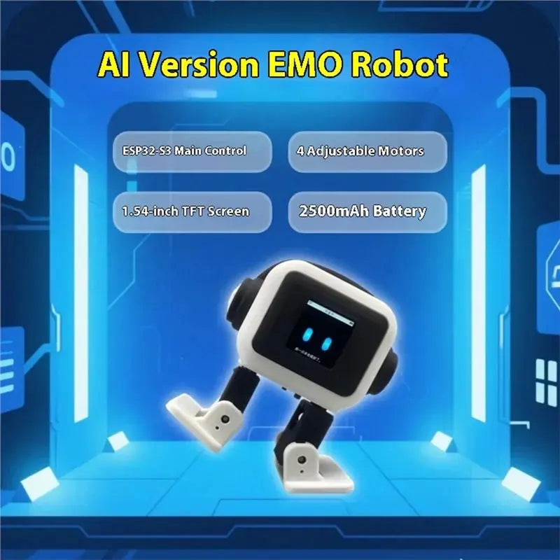 Robot negro y blanco con pantalla azul y brazos cortos en vista frontal
