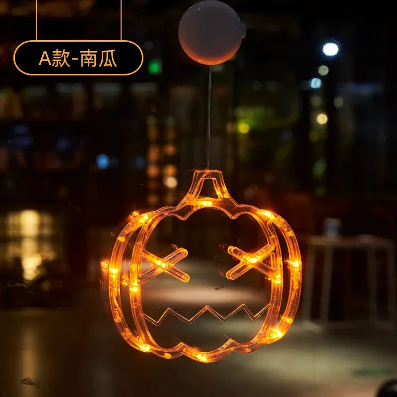 Decoración de Halloween, fantasma de calabaza naranja, luz de ventana de Halloween con ventosa, funciona con pilas, decoración colgante para el hogar de Halloween