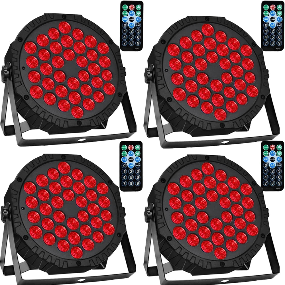 4 piezas de iluminación LED tipo Par plana de 36 LED, a todo color RGB 3 en 1, DMX 512, para DJ, discoteca, fiesta, festividades, Navidad, club y bodas.