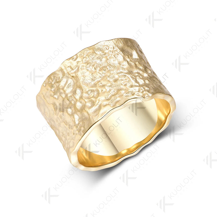 Anillo Personalizado Kuololit de 15 mm de Ancho, Martillado, para Hombre y Mujer, Oro Amarillo Sólido de 10K, Hecho a Mano, para Aniversario, Regalos de Navidad, Fiestas