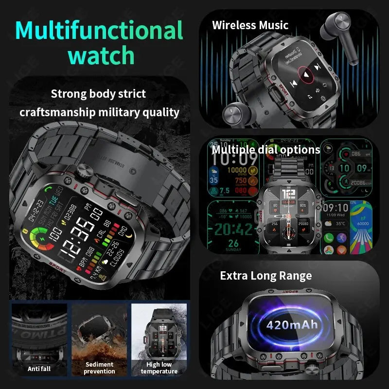 LIGE Nuevo Reloj Inteligente Pantalla de 1.96 Pulgadas 420 mAh Llamada Bluetooth Asistente de Voz Reloj Deportivo Fitness Reloj Inteligente Impermeable para Hombre