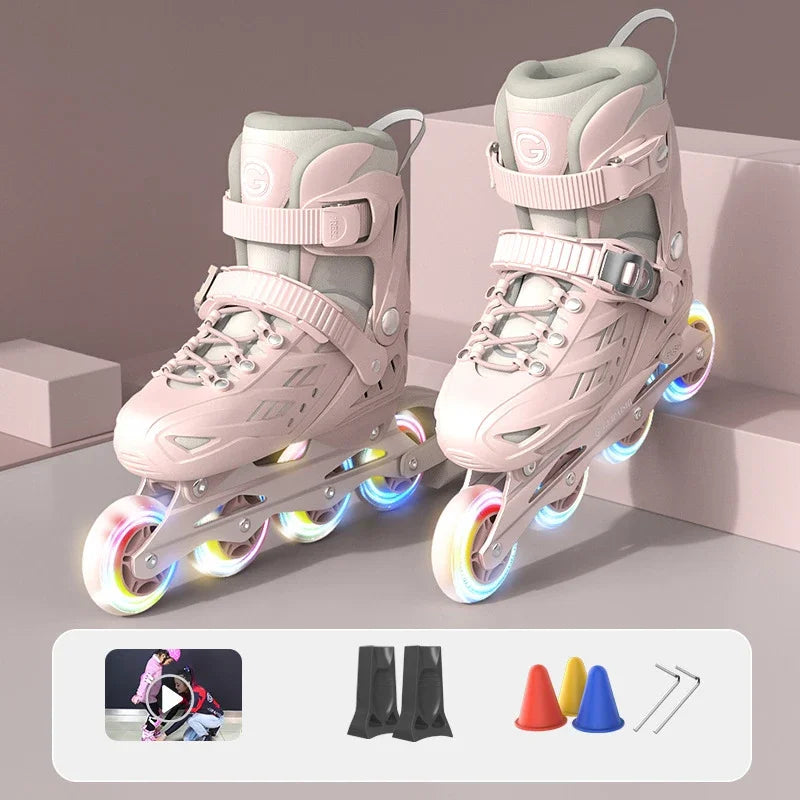 Patines en línea con casco, protectores de codo y rodilla, bolsa para zapatos, juego de 4 ruedas con luces, zapatillas para niños y niñas, patines ajustables.