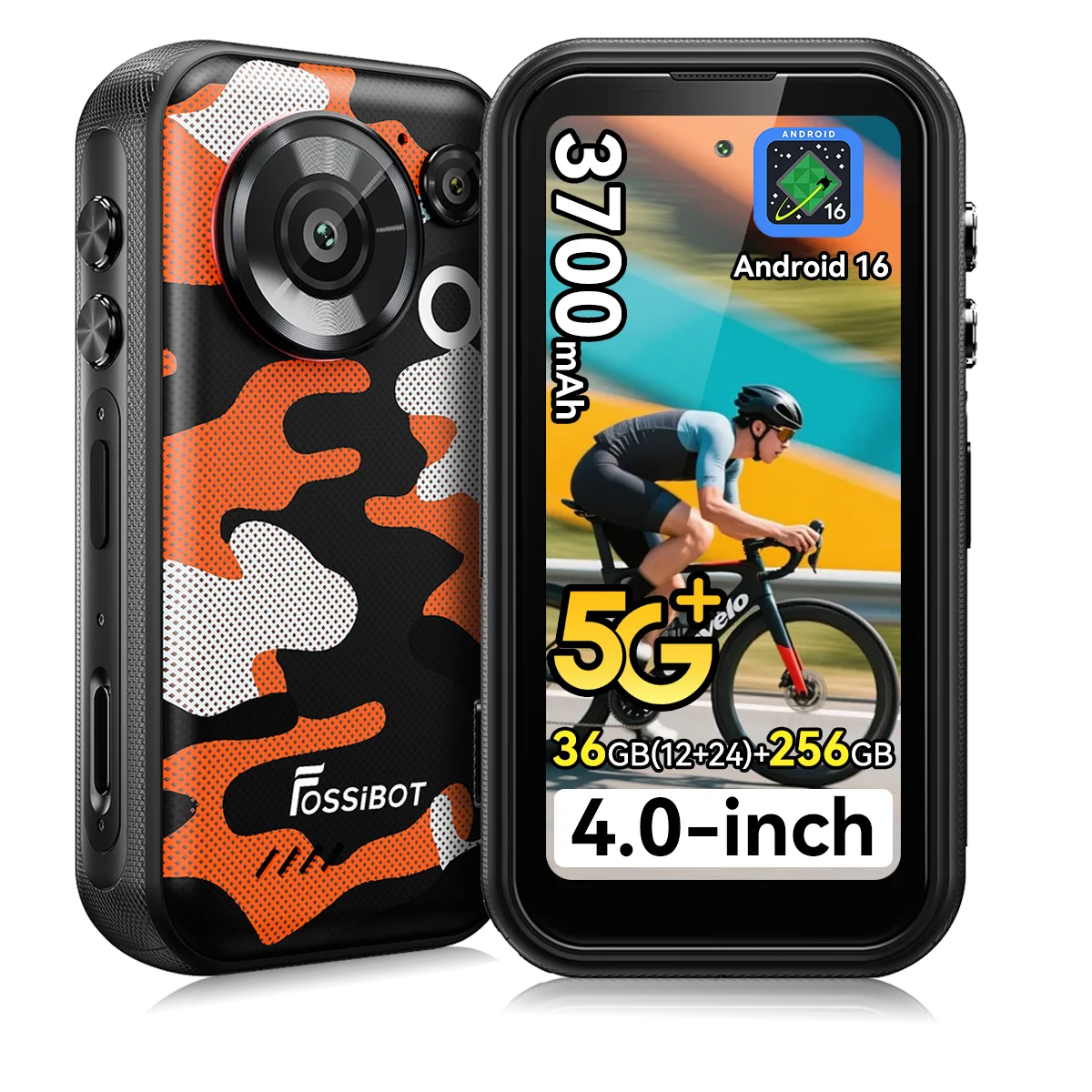 Teléfono resistente Fossibot F116 Pro 5G 36(12+24)GB+256GB, pantalla mini de 4 pulgadas, batería de 3700mAh, 33W, Dimensity 7300, 12GB+256GB, Android 16, cámara de acción gran angular de 152.6°, 50MP+48MP+32MP