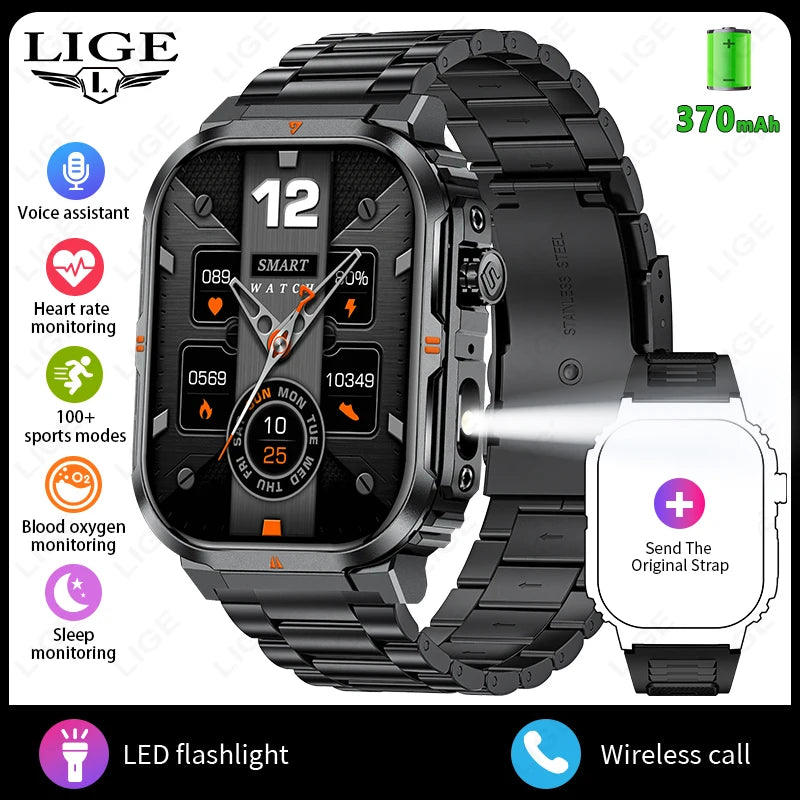 LIGE New Sports Smart Watch 2.01" HD Make Answer Call Voice Assistant Flashlight Outdoor 370mAh Battery Smartwatch For Men Women