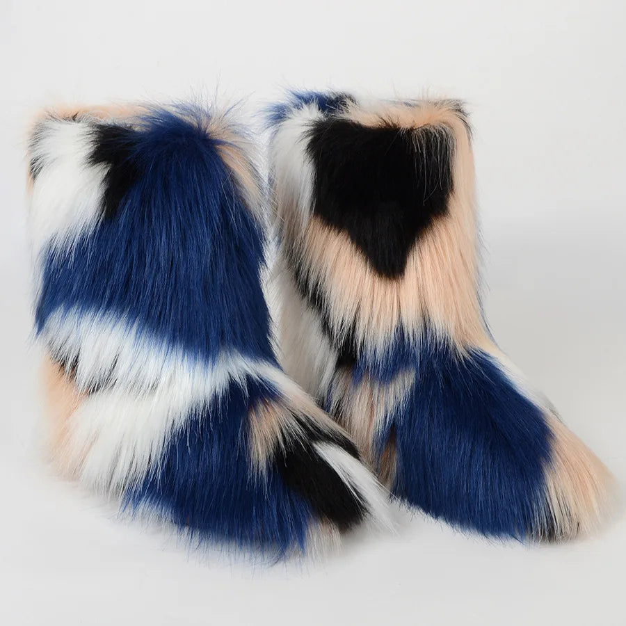 Botas de piel para mujer, botas de nieve de piel sintética peludas y esponjosas de lujo para invierno, botines de plataforma impermeables con cordones, botas de esquí rosas 2024
