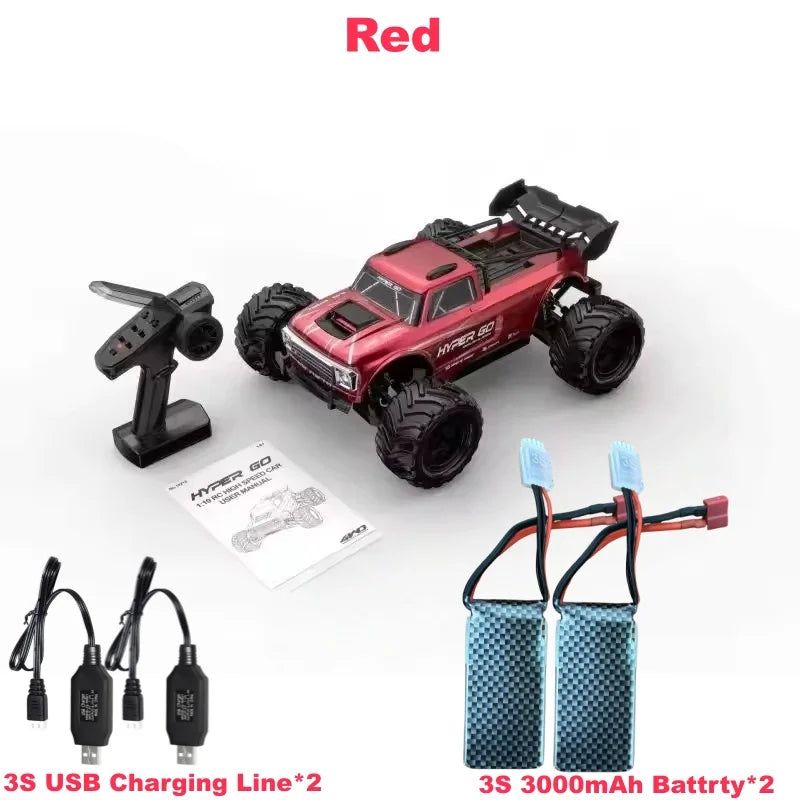 Coche RC todoterreno 4x4 rojo con control, manual, cables USB y 2 baterías