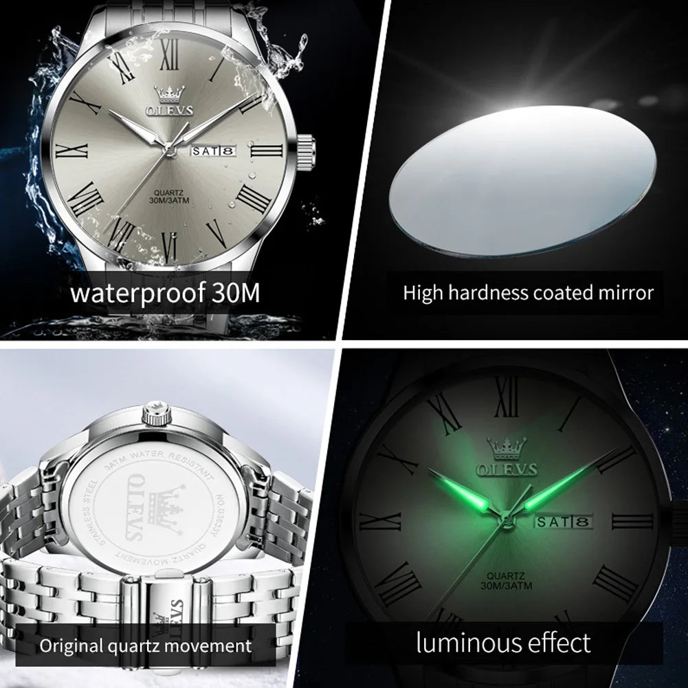 Reloj de cuarzo para hombre marca OLEVS, original y sencillo, resistente al agua, de acero inoxidable, con fecha, manecillas luminosas y números romanos.