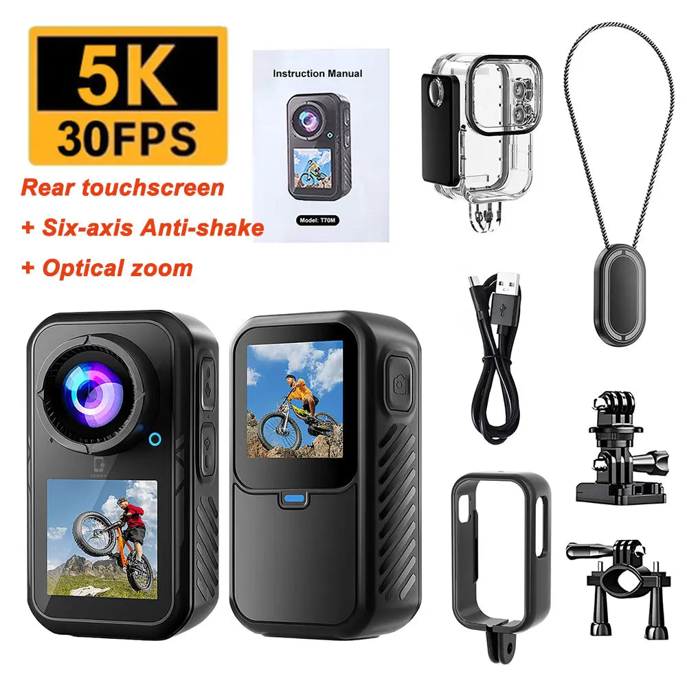 Cámara de Acción 5K con Pantalla Táctil, 4K 30FPS, WiFi, Estabilización de 6 Ejes, Cámara Deportiva Magnética para Motocicleta y Bicicleta, Impermeable, Bodycam