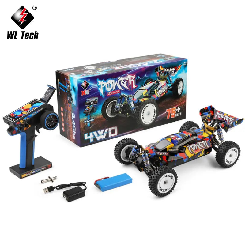 Coche RC 1:12 4WD multicolor con caja del producto y control remoto