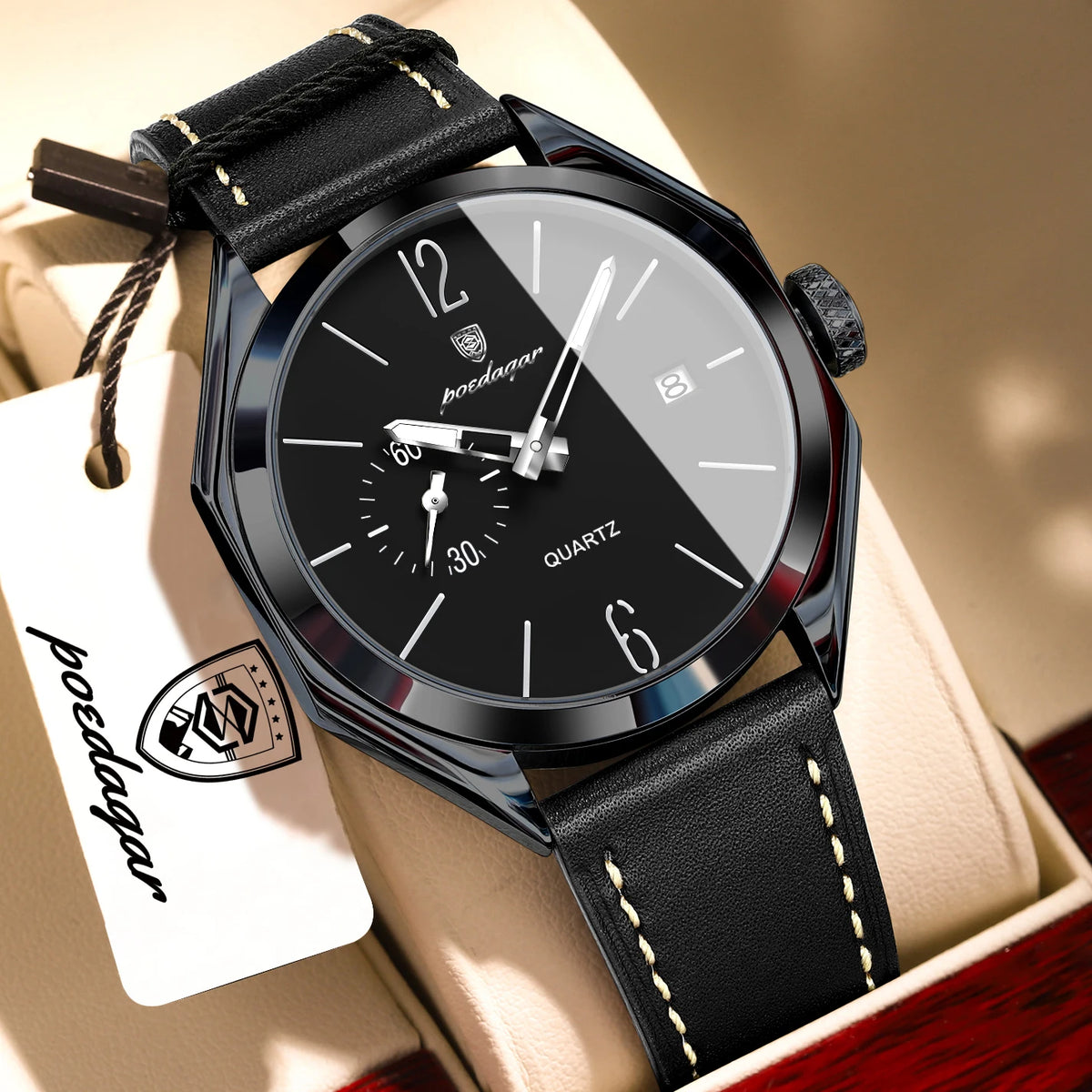 Reloj de hombre POEDAGAR de alta moda, con correa de piel, fecha, cuarzo, estilo negocios, resistente al agua, luminoso y casual