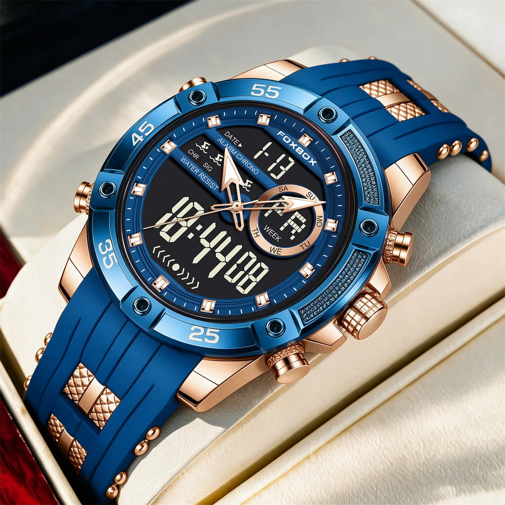 FOXBOX Reloj de lujo para hombre, relojes digitales de moda marca LIGE, regalos para hombre, relojes de pulsera de cuarzo multifuncionales e impermeables