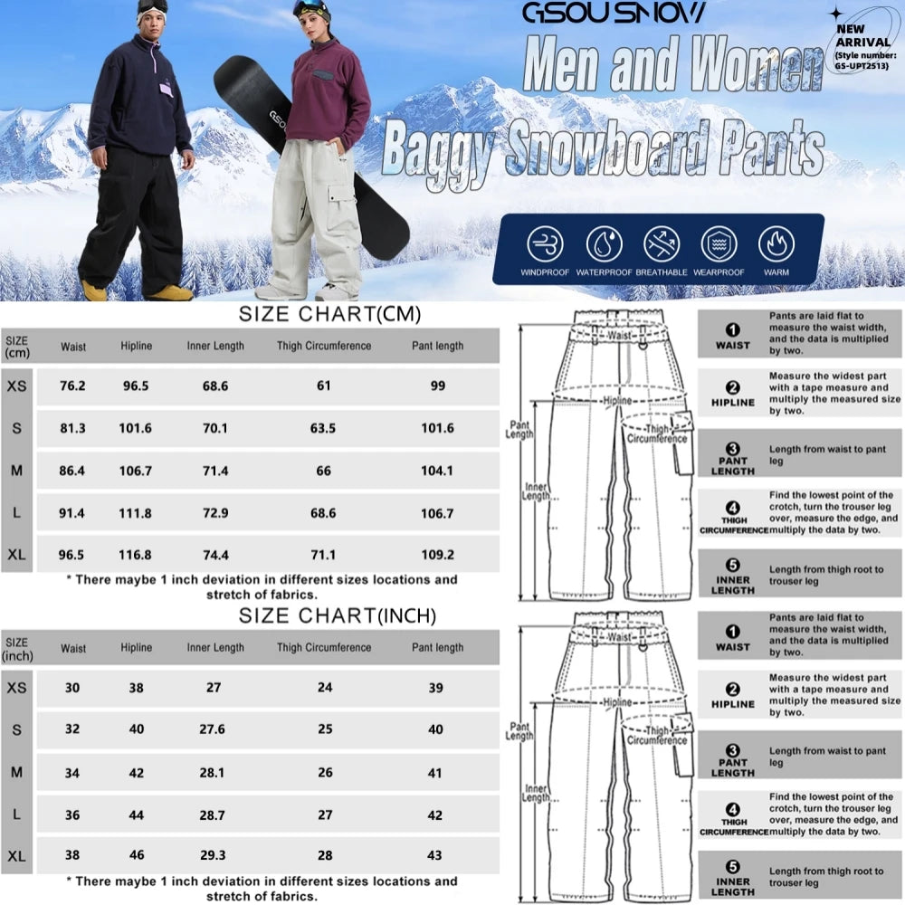 Pantalones de snowboard con bolsillo grande para hombre, pantalones de esquí holgados súper holgados, aislamiento impermeable para campo de nieve, ropa deportiva de invierno para parejas