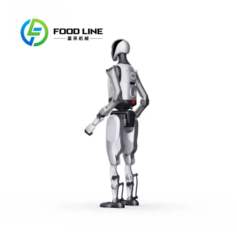 Robot humanoide logístico gris y negro, vista trasera con brazos y piernas