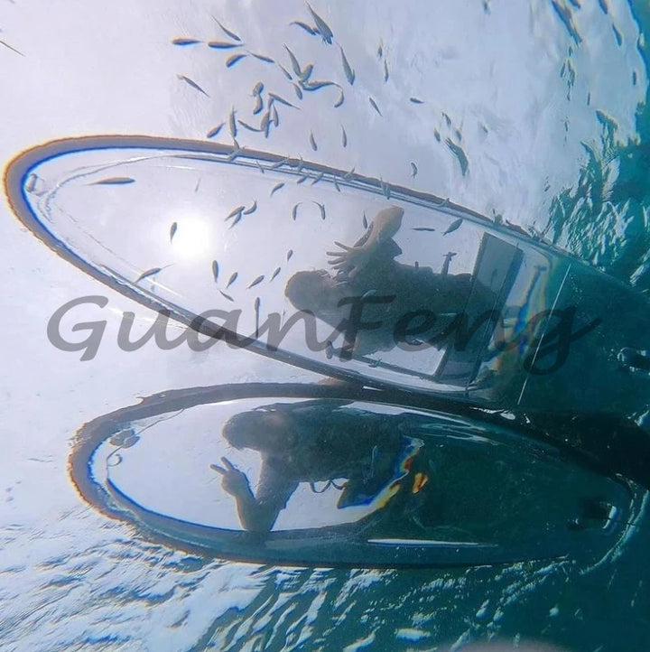 Tabla de paddle surf transparente con base transparente de material PC cristalino para deportes acuáticos.