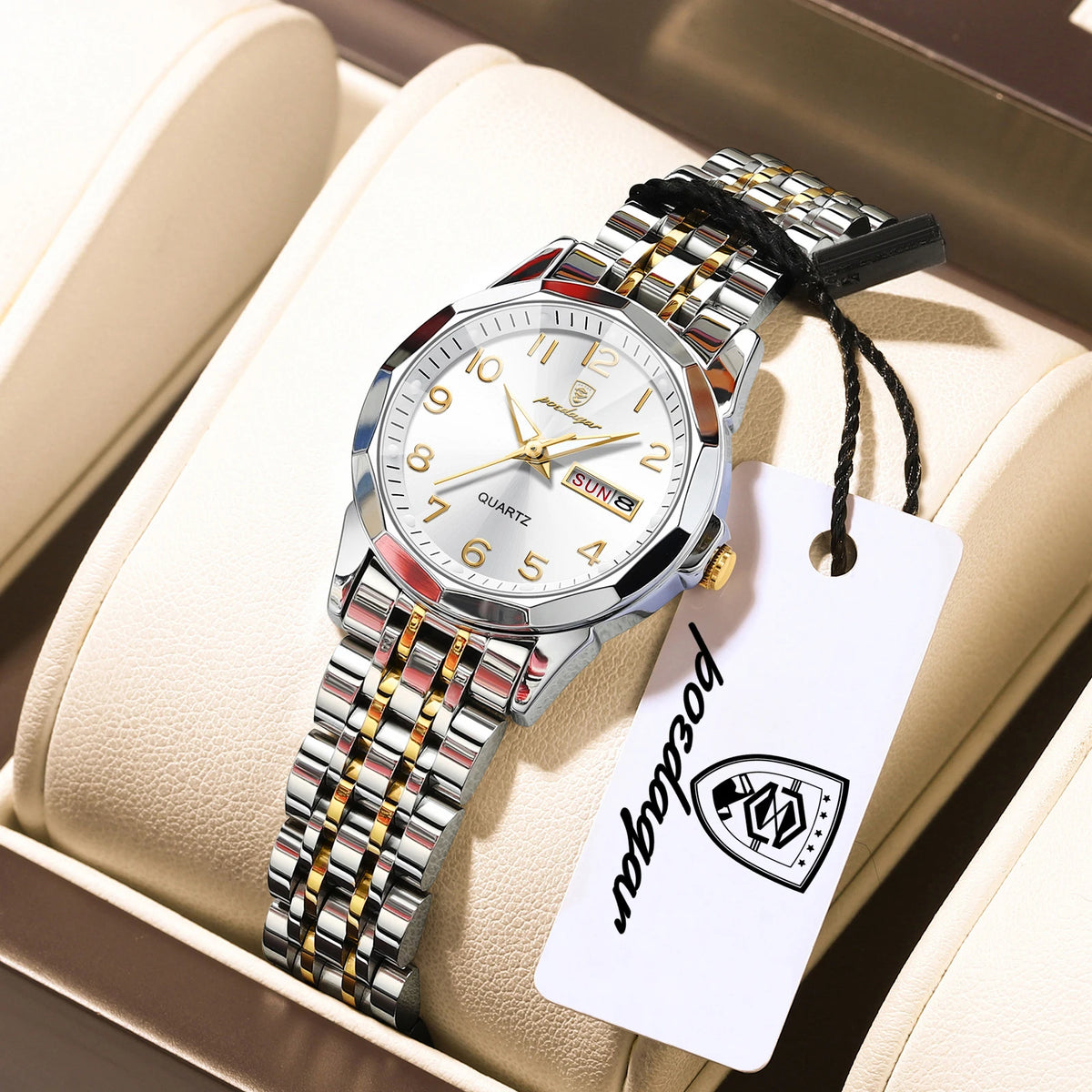 Reloj original elegante para mujer POEDAGAR, resistente al agua, luminoso, con fecha y día, de acero inoxidable, reloj de cuarzo a la moda para mujer