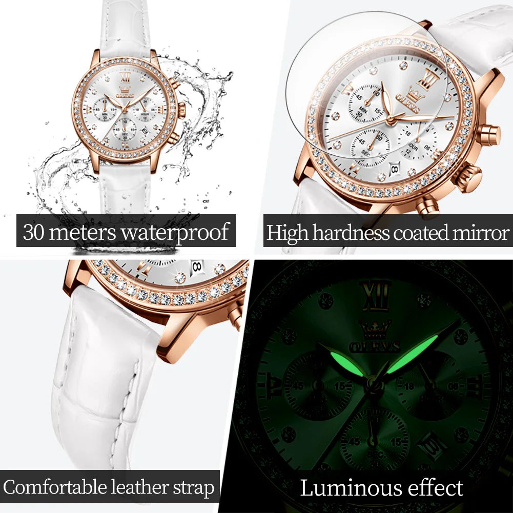 Reloj para mujer OLEVS 9933, marca de lujo, reloj de pulsera de cuarzo con diamantes, resistente al agua, luminoso, correa de cuero, reloj multifunción para dama