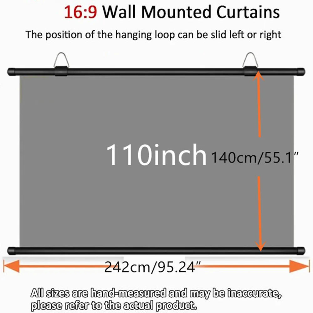 Pantalla de proyector gris montada en pared, tela reflectante, 242×140 cm