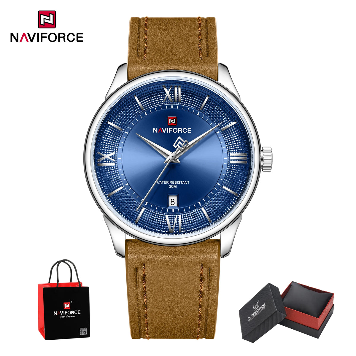 Reloj de cuarzo para hombre NAVIFORCE de negocios, resistente al agua 3ATM, correa de cuero auténtico, visualización de fecha, reloj de pulsera para hombre, caja de regalo