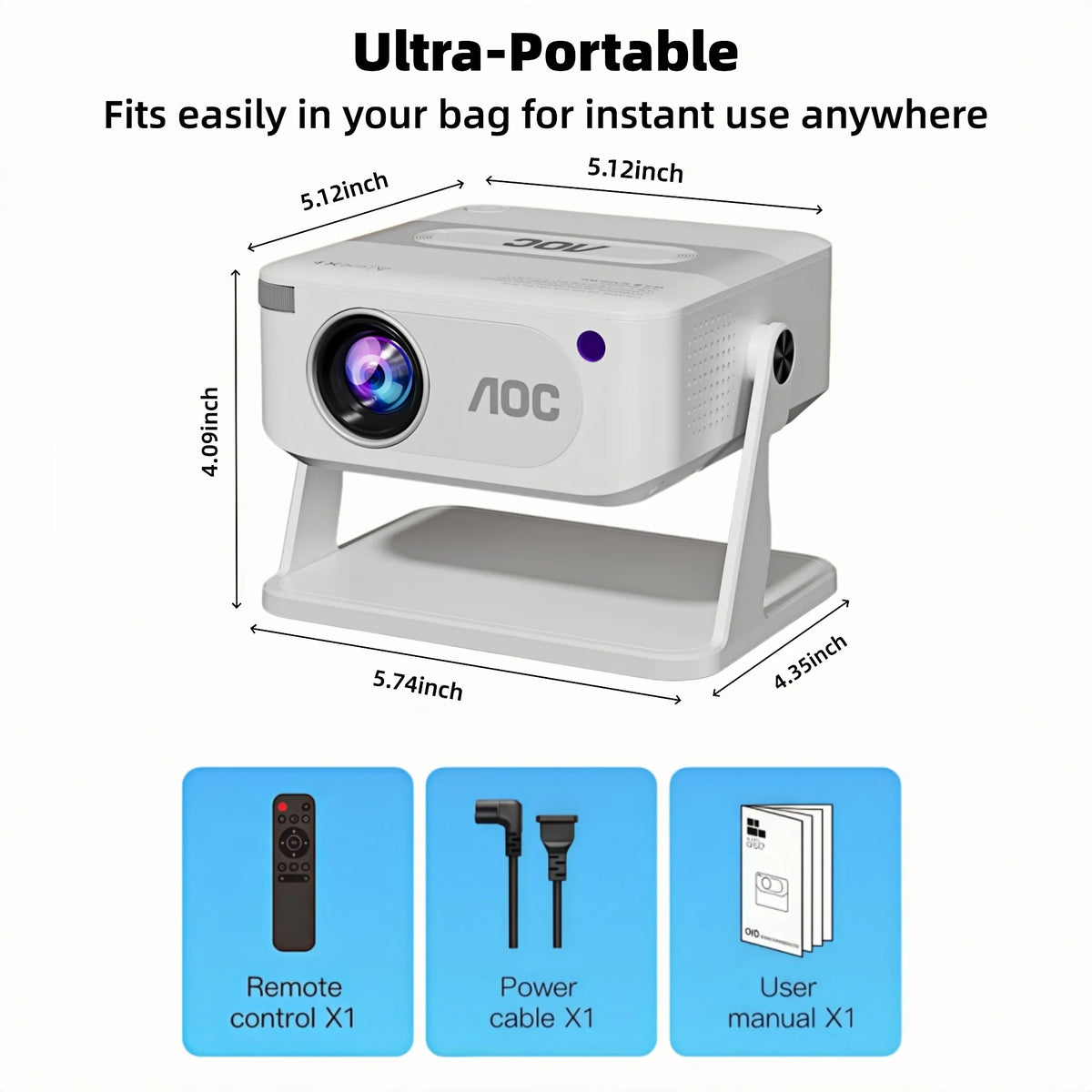 Proyector mini AOC blanco con lente frontal; se muestran control remoto y cables.