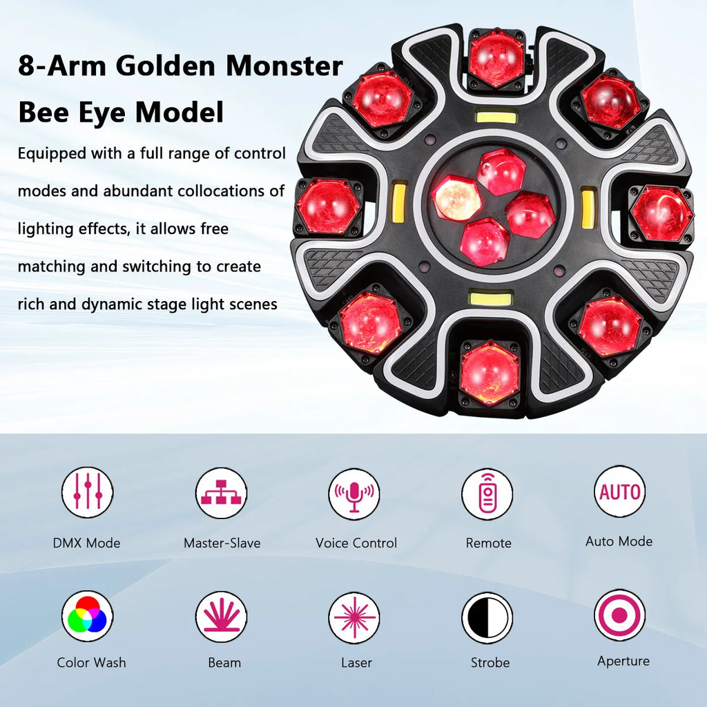 Luz Móvil de 8 Brazos con Efecto Ojo de Abeja de 240W, Combinación de Haz, Láser y Estroboscópico, Control por Sonido/Remoto, para Bares/KTV/Fiestas