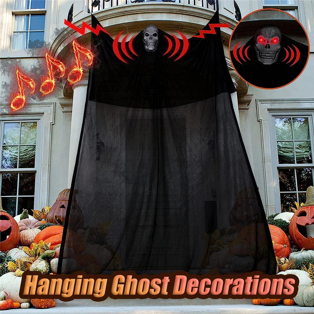Decoración de fantasma con calavera colgante de 3.5 m para casa embrujada, adorno de fantasma con luz LED y sonido para fiestas de Halloween en interiores y exteriores