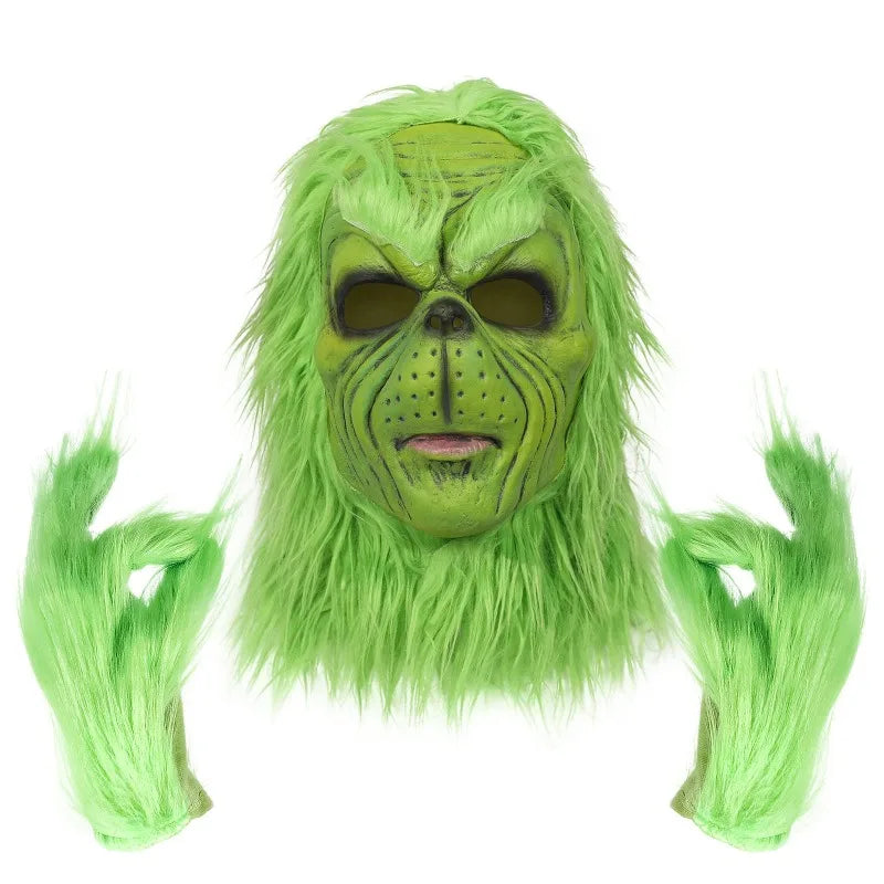 Máscara de monstruo verde de lujo, guantes de piel sintética, máscara de Papá Noel para cosplay, accesorio de disfraz de Halloween y Navidad para un atuendo de Papá Noel.