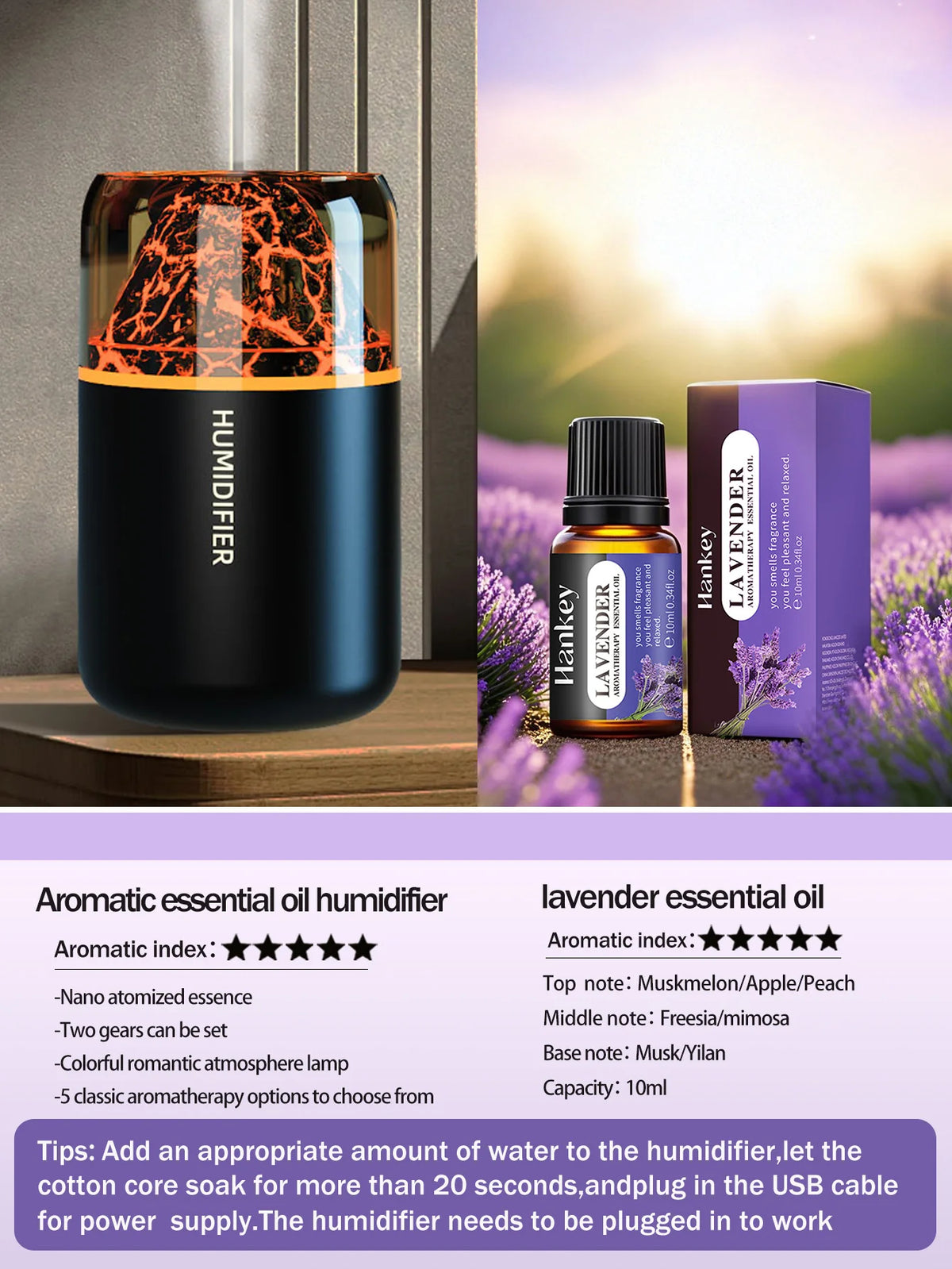 El difusor de aromaterapia USB humidificador con lámpara de color volcánico simulado es adecuado para usar en automóviles, hogares, dormitorios, como regalo,