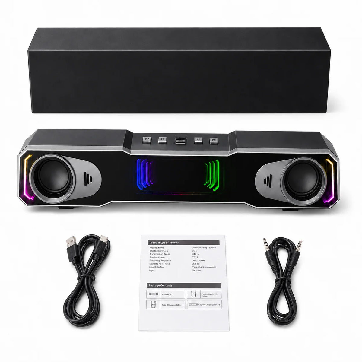 Barra de sonido para juegos de escritorio DS21, altavoz estéreo RGB para PC con modos de conexión por cable USB C y USB A, y Bluetooth 5.4 para teléfonos, portátiles, ordenadores y televisores.