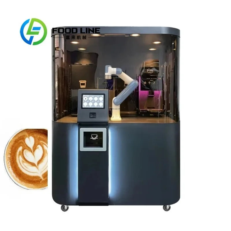 Robot de café automático con cabina de vidrio, dispensador mecánico y panel táctil