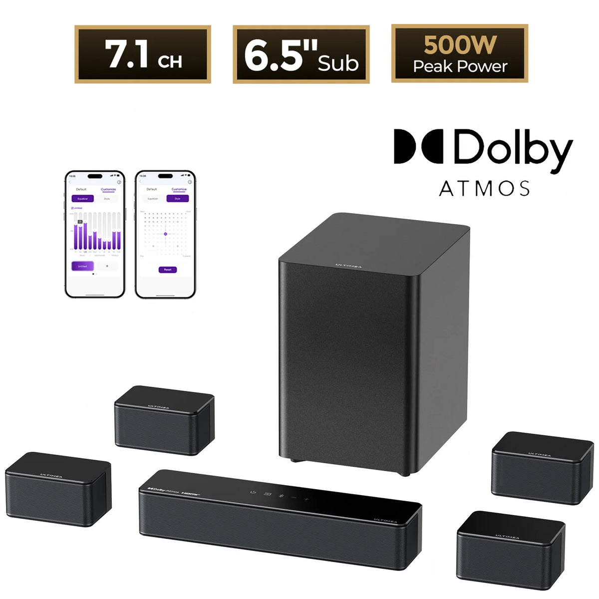 Barra de Sonido ULTIMEA Poseidon D80 Boom 7.1ch 500W Dolby Atmos, Subwoofer Inalámbrico y 4 Altavoces Surround, Cine en Casa, Control por Aplicación