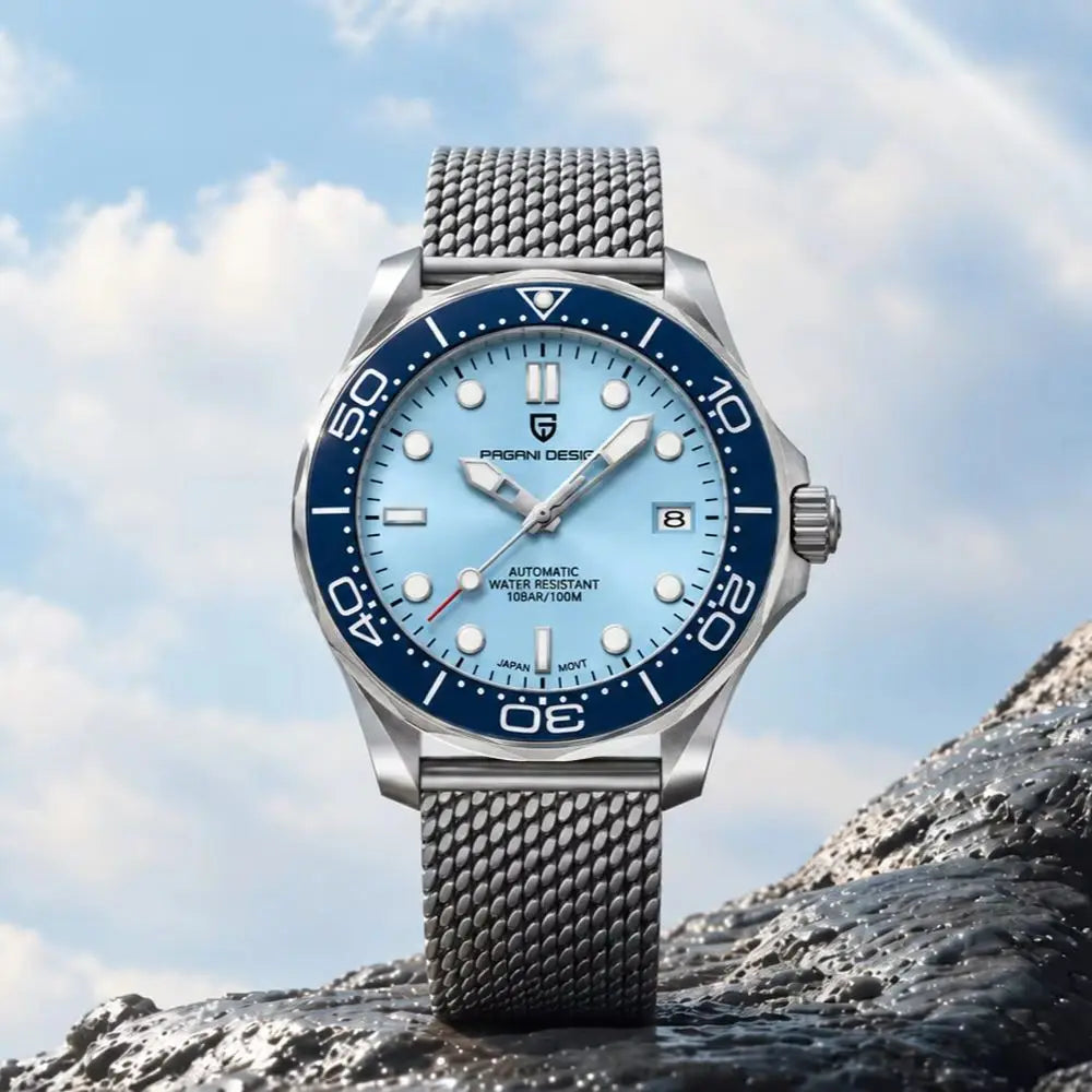 PAGANI DESIGN 2026 Nuevo reloj de buceo para hombre, esfera azul hielo con efecto rayos de sol, reloj automático para hombre, cristal de zafiro, reloj mecánico para hombre