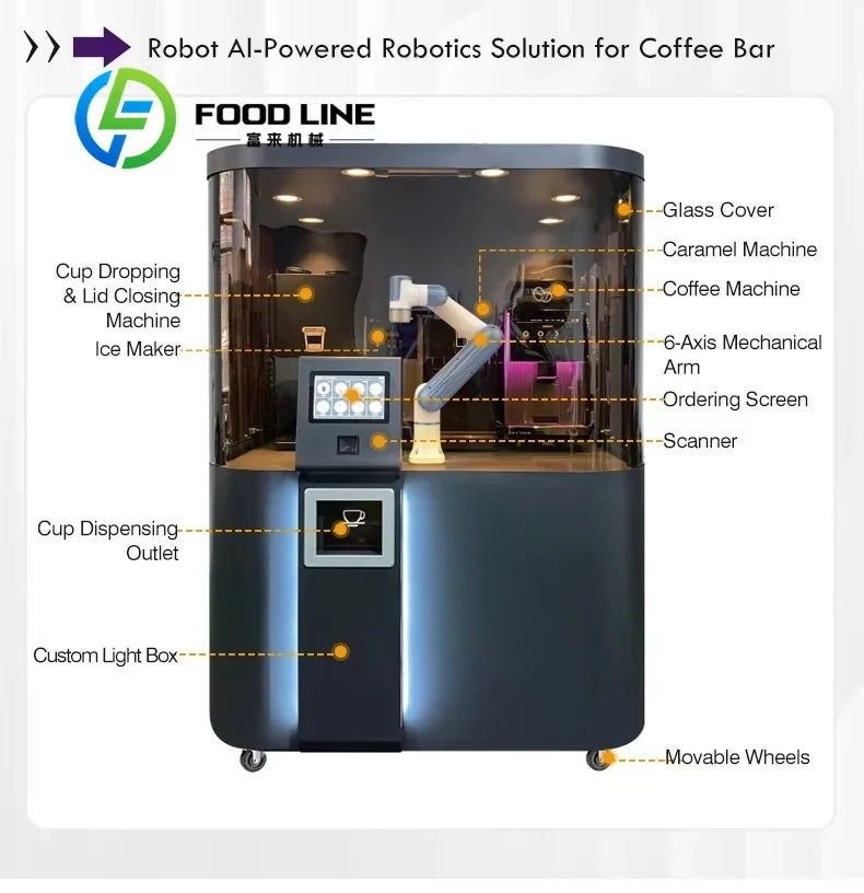 Cafetera robótica con brazo mecánico y pantalla frontal, cubierta de vidrio