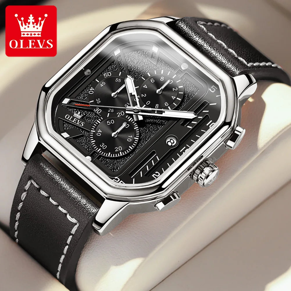 Reloj de pulsera de cuarzo original para hombre OELVS 9950, resistente al agua, luminoso, con correa de piel, cronógrafo, fecha y tres subesferas