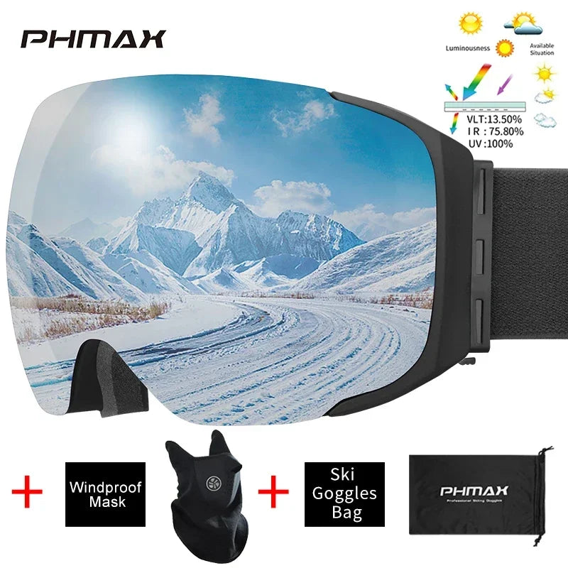 PHMAX-Gafas de esquí UV400 para hombre y mujer, lentes magnéticas antivaho para deportes al aire libre, montaña, Snowboard, gafas de nieve grandes con máscara
