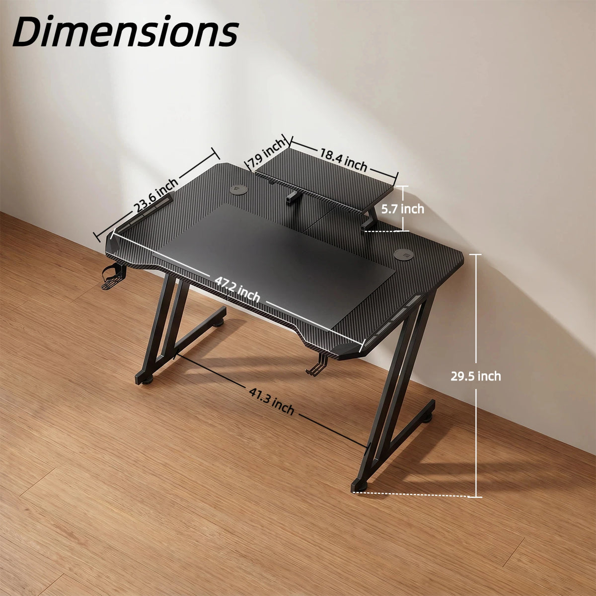 Escritorio para gaming con medidas, tablero negro y patas metálicas