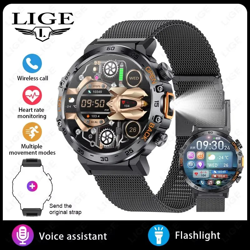 LIGE 2026 Smart Watch Men Sport Watches LED Flashlight 360*360 Ultra HD Screen Waterproof Fitness Bluetooth Call Men Smartwatch