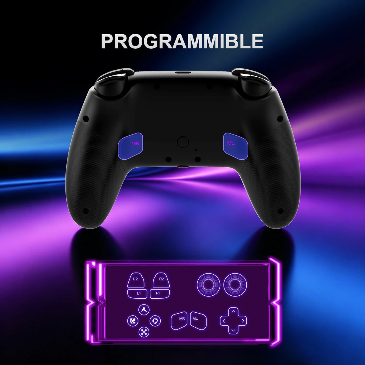 Mando negro con palancas superiores y panel inferior iluminado con luz RGB