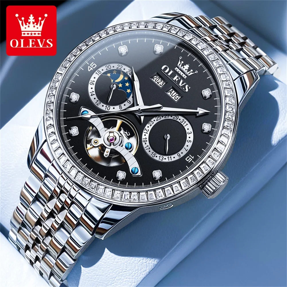 Reloj automático de lujo OLEVS 7016 para hombre, esqueleto, tourbillon, fase lunar, calendario, resistente al agua, reloj de pulsera mecánico de acero inoxidable