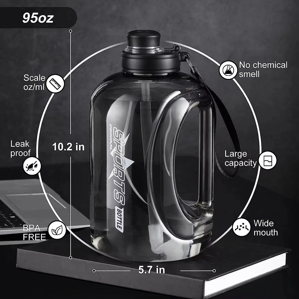 Botella de agua de gran capacidad con pajita y correa, mango portátil, sin BPA, ecológica, perfecta para deportes al aire libre y fitness