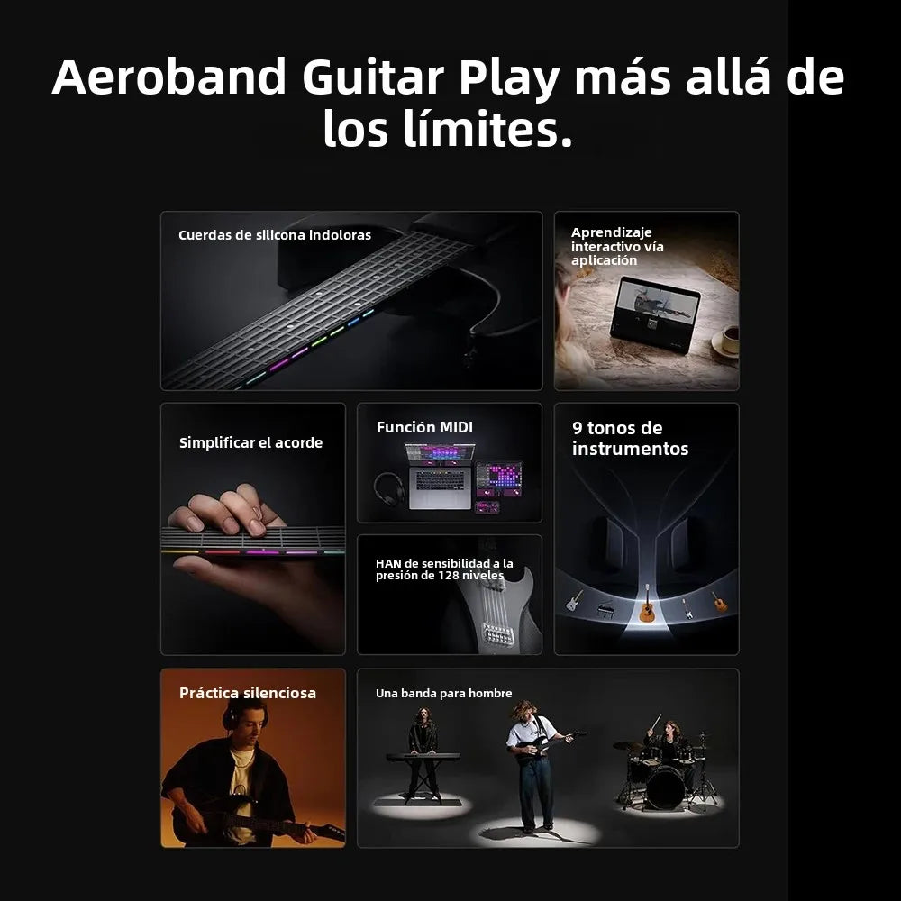 AeroBand Guitarra eléctrica Sin dolor Cuerda de silicona Viaje Todo en uno 9 estilos de sonido Bajo acústico con micrófono altavoz