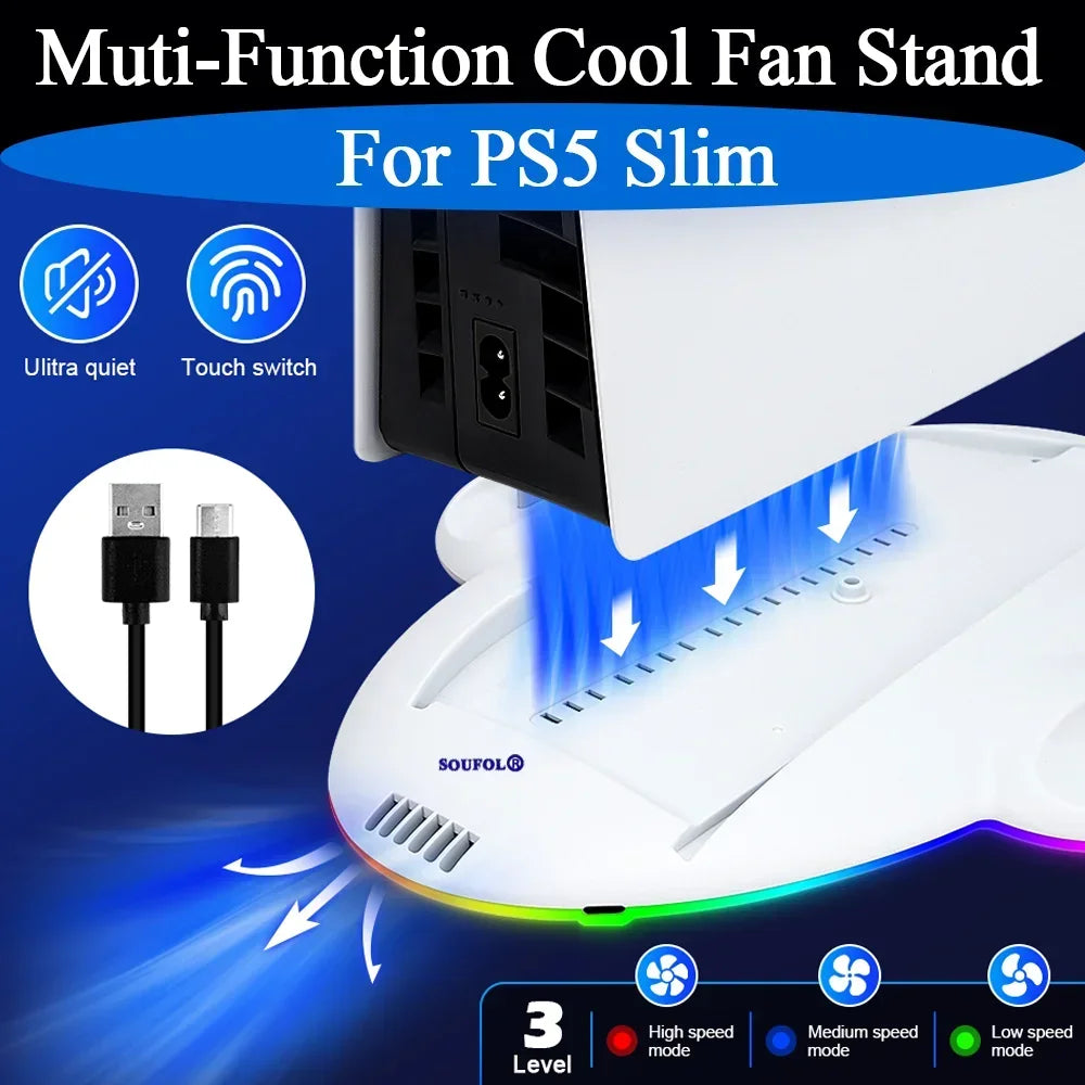 RGB Vertical Stand Charging Dock For PS5 Slim Muti-function Cooling Fan Stand With LED Light For PS5 Slim Console Accessories