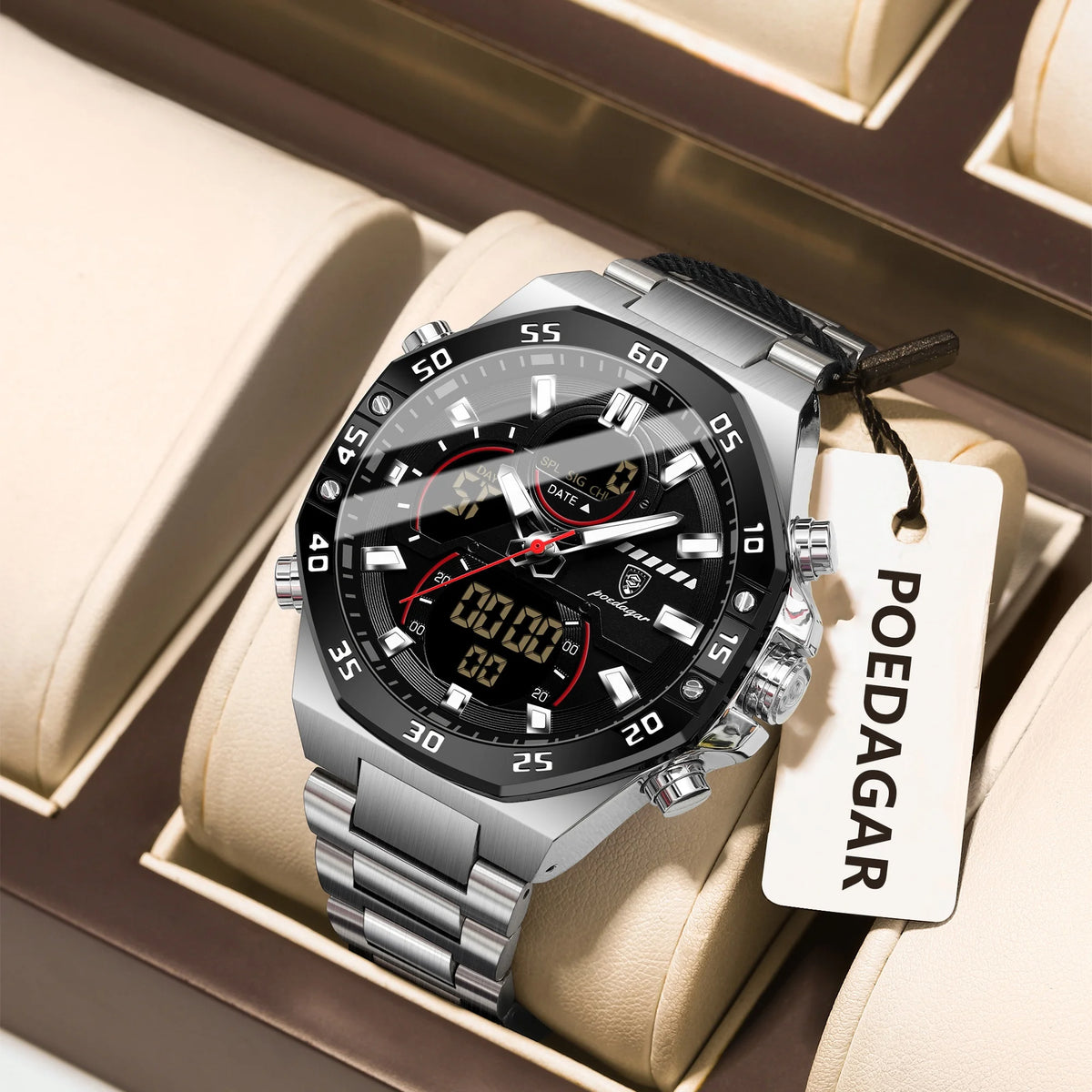 Reloj para hombre POEDAGAR de cuarzo, LED, luminoso, resistente al agua, con fecha y día, de acero inoxidable, a la moda, militar, digital.