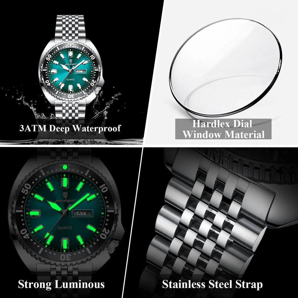 Reloj de pulsera para hombre POEDAGAR de alta moda, luminoso, resistente al agua, con fecha y día, de cuarzo, de acero inoxidable, creativo para hombre.