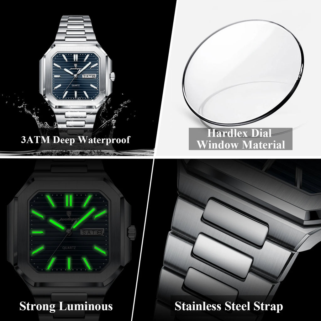 Reloj de cuarzo para hombre POEDAGAR, de negocios, impermeable, luminoso, con fecha y día, clásico, de acero inoxidable