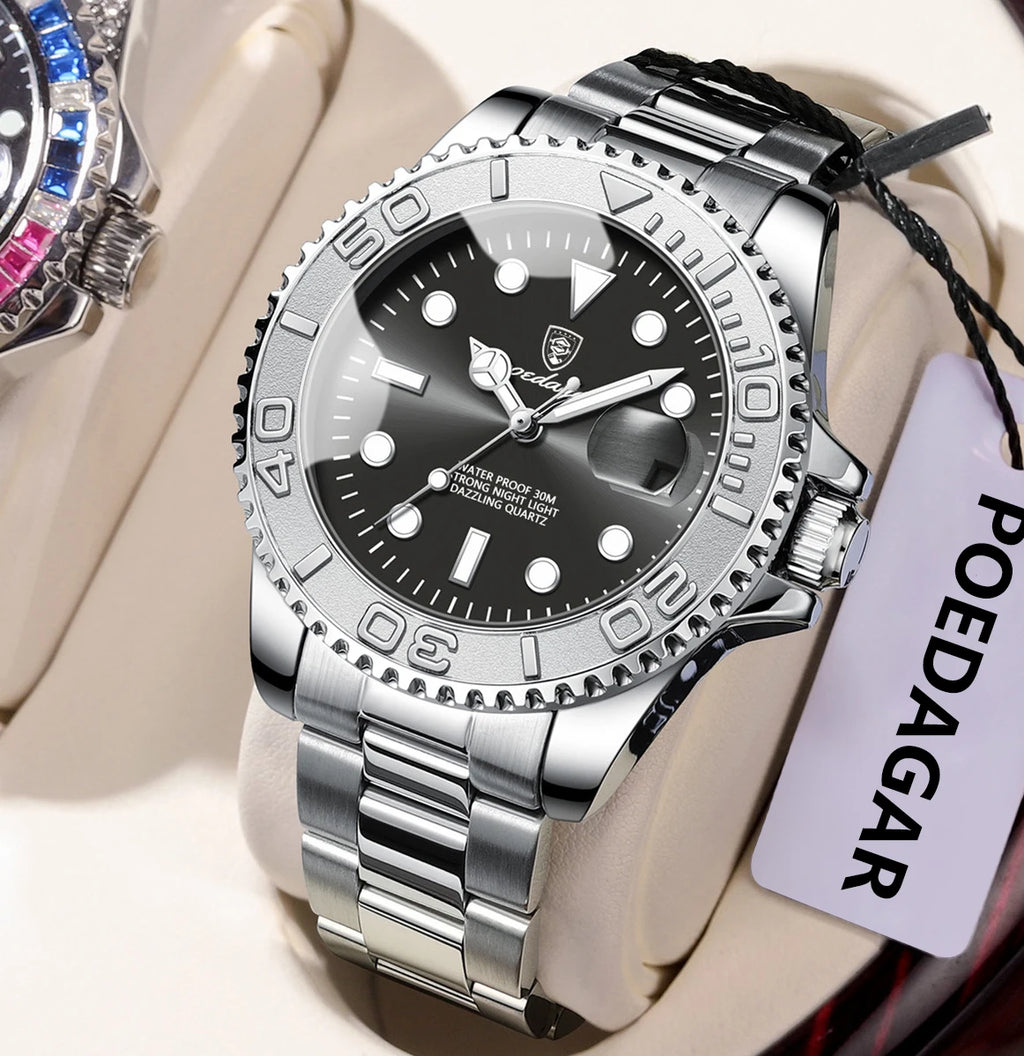 POEDAGAR Top Original Quartz Men's Watches Stainless Steel Date Fashion Wristwatch For Men Waterproof Luminous Classic Man Watch