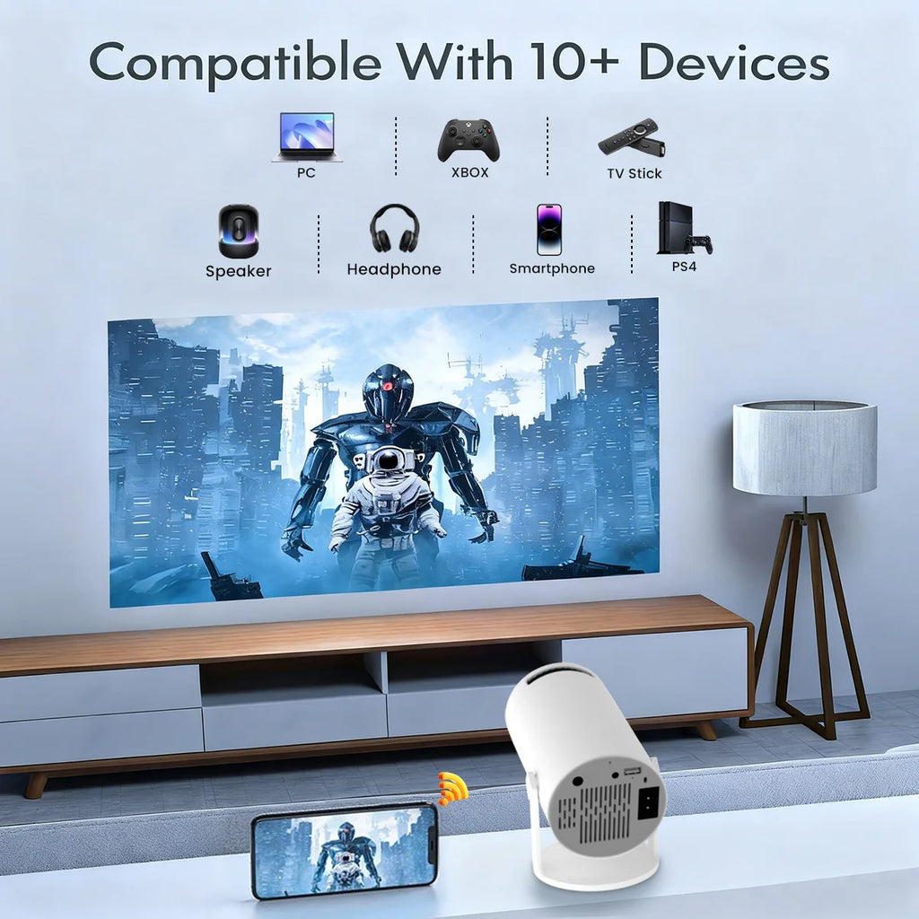 Mini proyector portátil con resolución nativa de 720p, compatible con 4K y 1080p, proyección Full HD en pantalla grande, conexión WiFi, ideal para el cine en casa, proyector inteligente con sistema Android.
