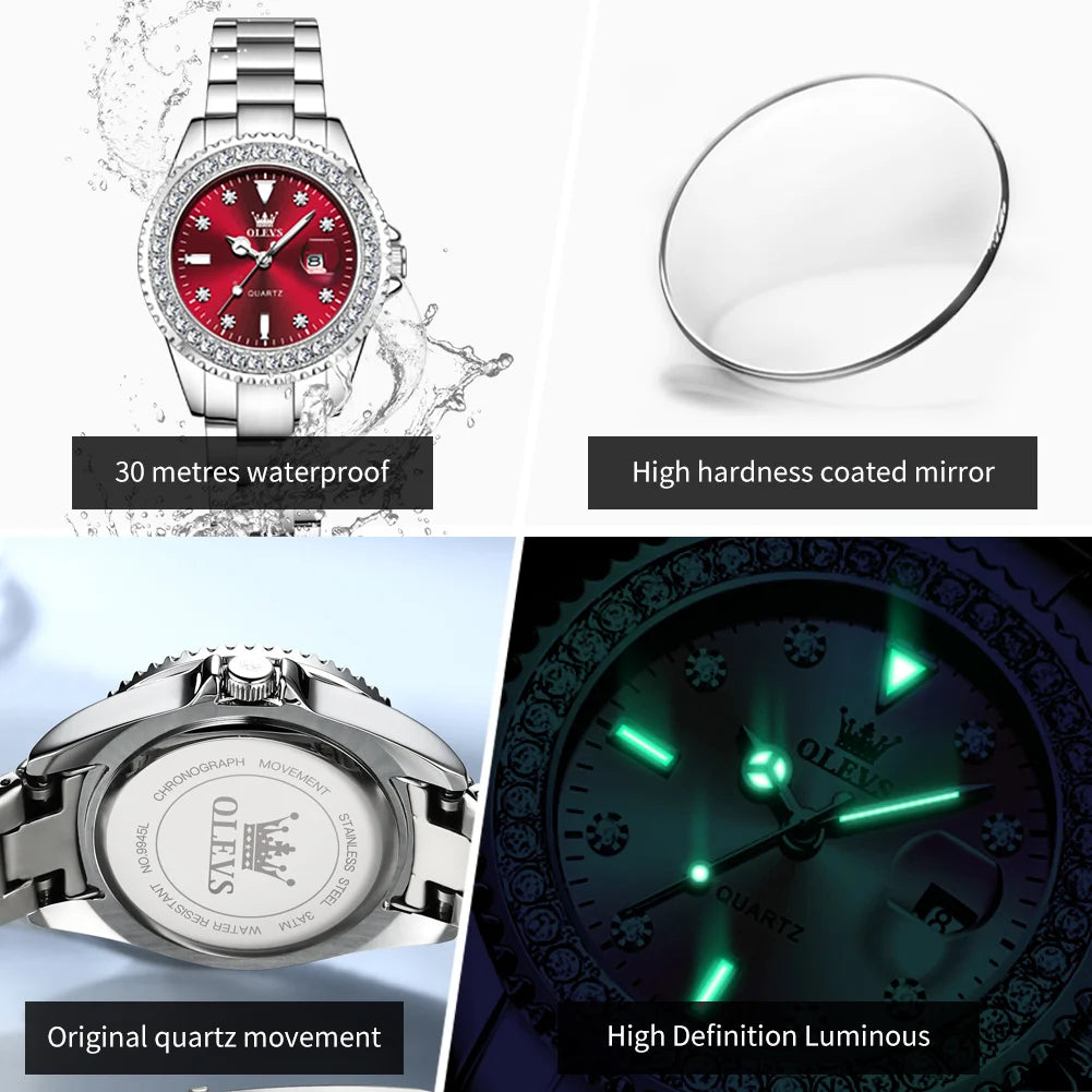 Reloj de pulsera elegante para mujer OLEVS, resistente al agua, con calendario luminoso, reloj de cuarzo para mujer de acero inoxidable, rojo, femenino