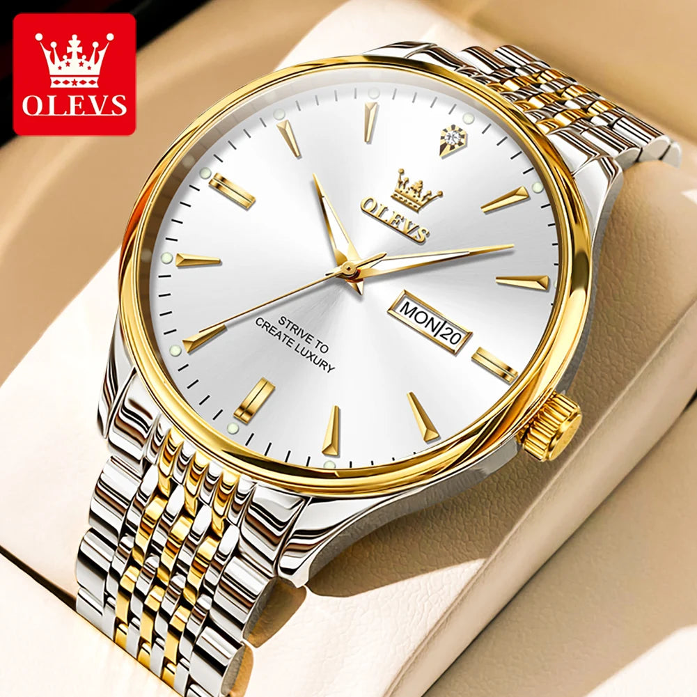 Reloj de cuarzo para hombre OLEVS 2929 original, impermeable, de negocios, con correa de acero, doble calendario, luminoso y de moda para hombre