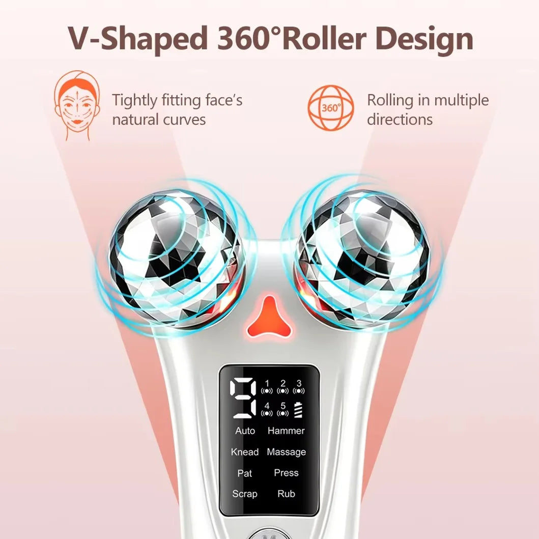 Masajeador facial EMS con 8 modos y 9 niveles de intensidad, con luz LED y diseño de 360 grados. °   Dispositivo de cuidado facial con bolas rodantes para el levantamiento de la piel, recargable por USB.