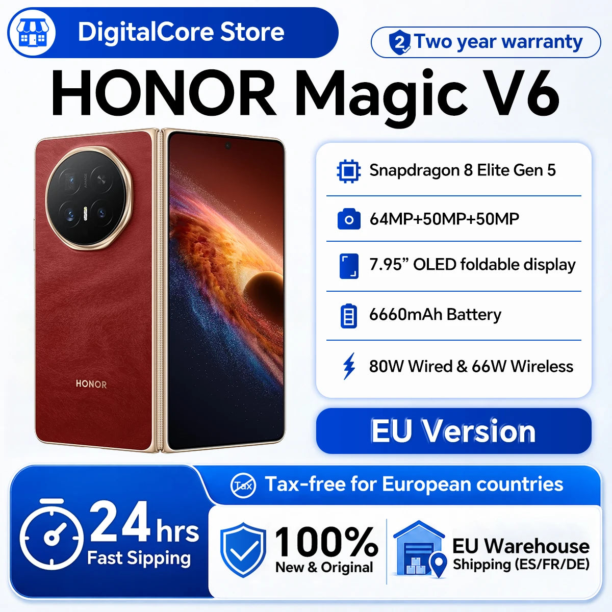 Smartphone HONOR Magic V6 5G Versión UE Snapdragon 8 Elite Gen5 Batería de 6660mAh SuperCharge de 80W MagicOS 10 Pantalla OLED de 7.95" IP69